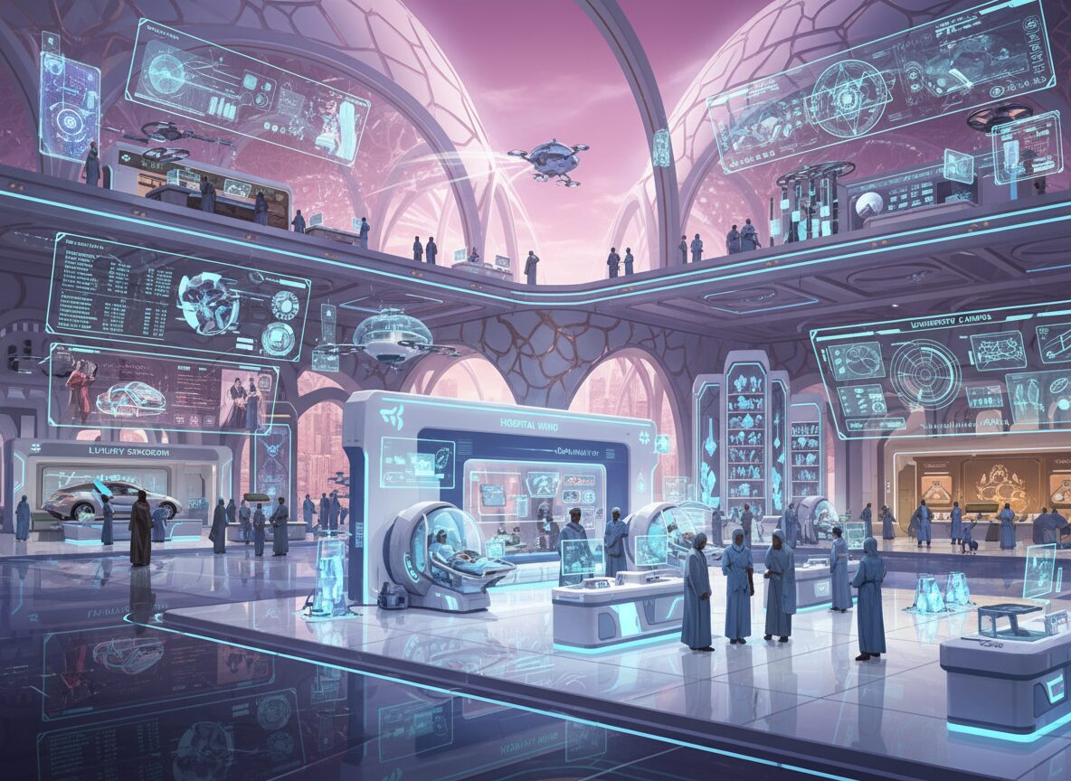 Futuristic glass-domed atrium interior with holographic panels and visitors walking — Nplay digital twin visualization