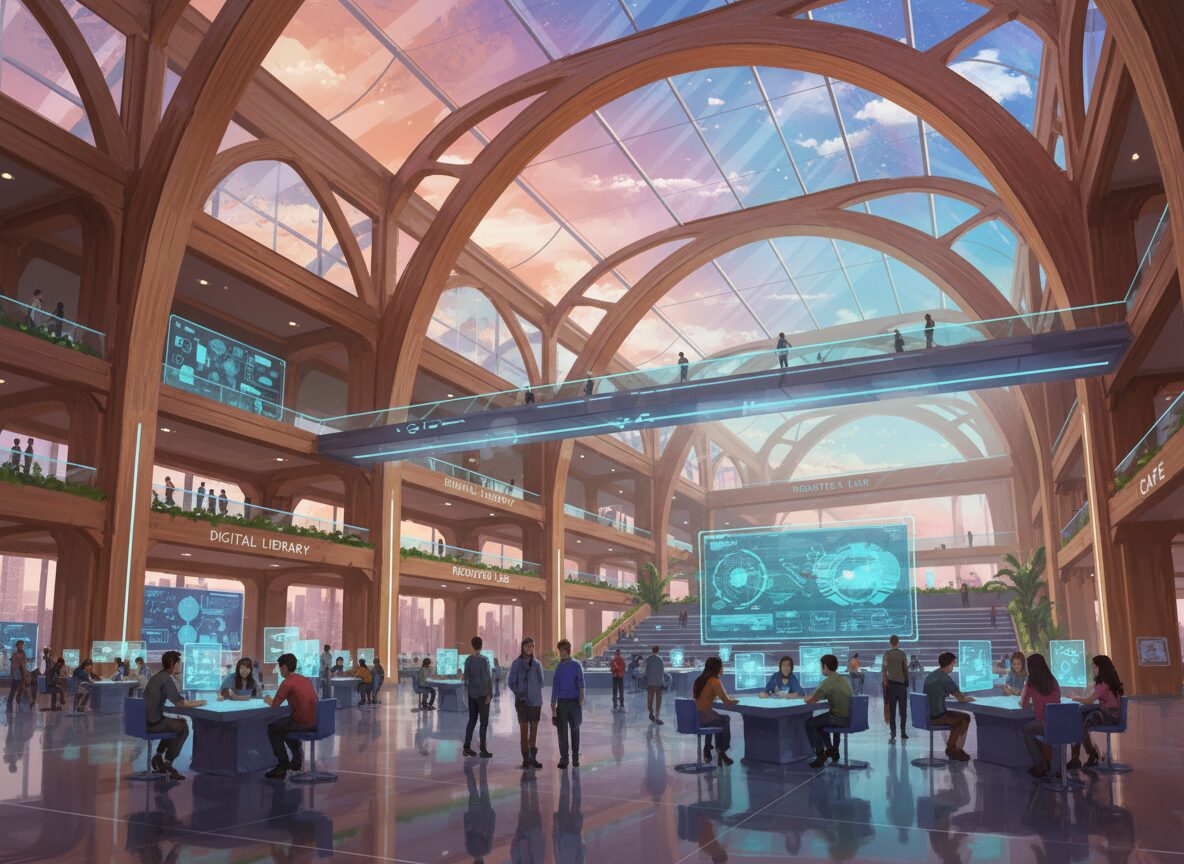 Bright daylight glass-domed atrium interior with visitors walking — Nplay smart building digital twin visualization