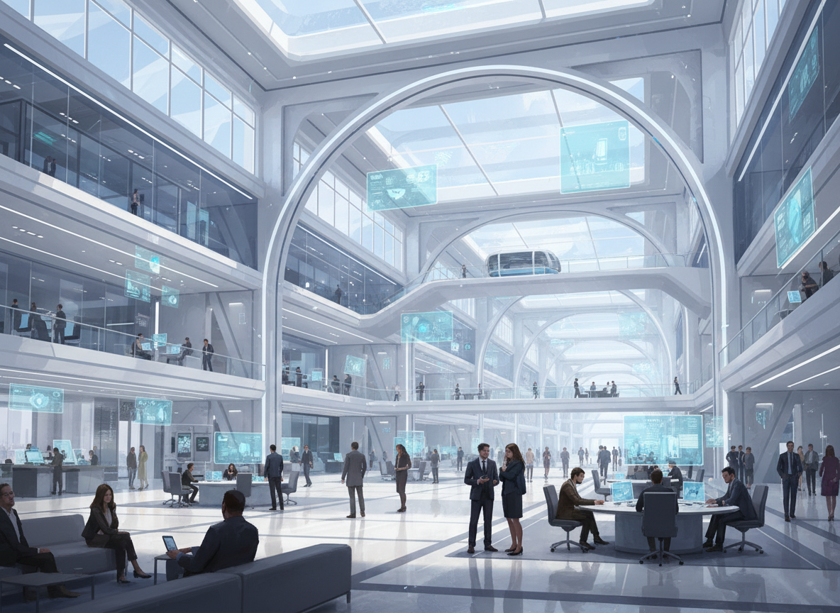 Bright glass-domed atrium interior with visitors seated at tables in daylight — Nplay digital twin visualization, variant