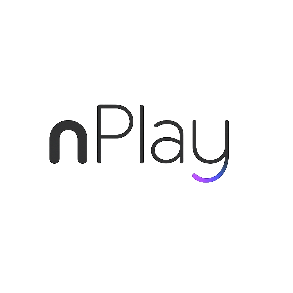 Bright glass-domed atrium interior with holographic panels and seated visitors — Nplay smart building digital twin visualization